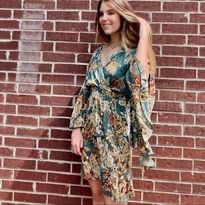 Angie Green Floral Spring Dress With Bell Sleves